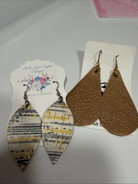 Upcycled Leather Teardrop Earrings - Brown and Multi-Color Blue Gold set of 2
